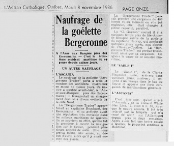 Le naufrage du Bergeronne Trader en 1936